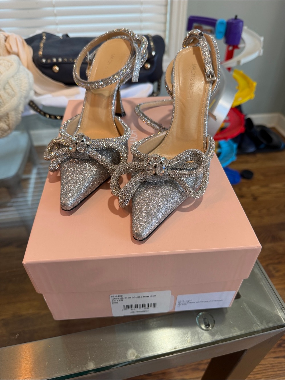 Mach & Mach silver glitter double bow 100mm sz 38